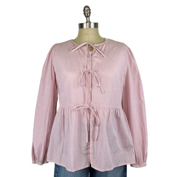 Striped Light Red Tie Bow Front Long Sleeve Blouse Top (Sz M) - Picture 1 of 11